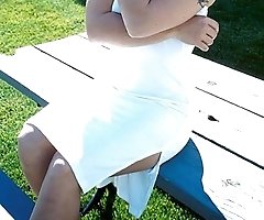 Sexy teen flashing on the front lawn